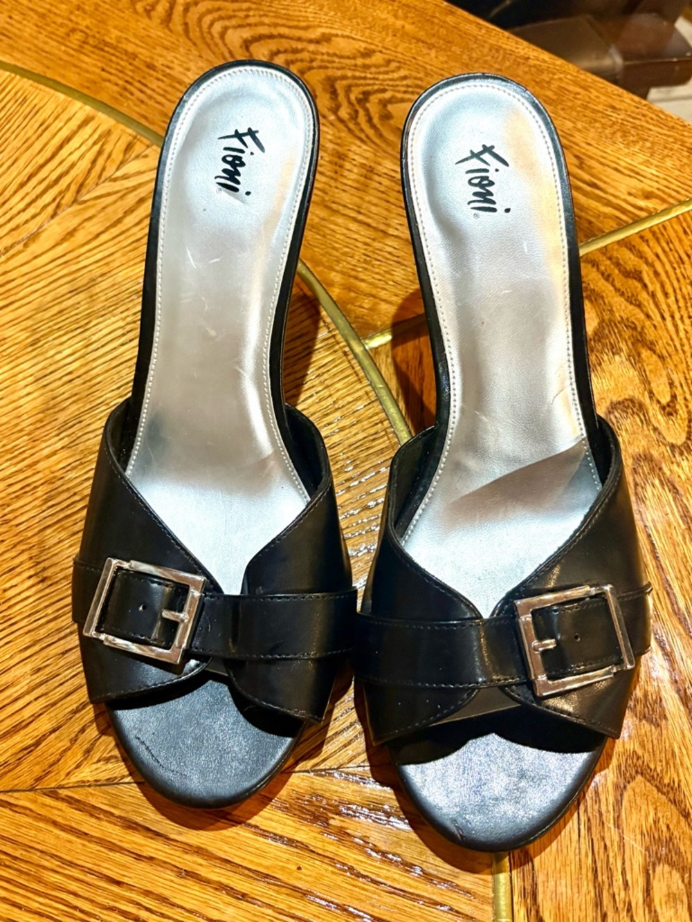 FIONI Black Leather Buckle Slide Low Heel Mules Sz 11W